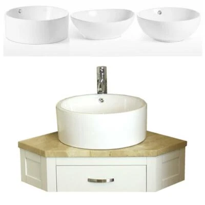 Bathroom Vanity Unit Oak Corner Wash Stand Travertine & Ceramic Basin 501PWTT - Image 1 of 4