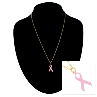 Breast Cancer Awareness Pendant Necklace Support Pink Ribbon Gold Tone USA 18" - Image 1 of 3