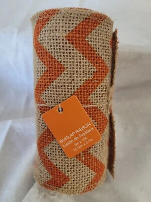Beige Burlap Orange Chevron Ribbon 5in by 10ft Jute Unwired - Image 1 of 4