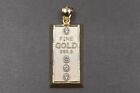 10K Solid Yellow Gold 1.55" FINE GOLD 999.9 Gold Bar CZ Charm Pendant.