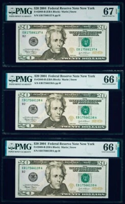 $20 2004 Federal Reserve Note New York "3 consecutive #66-67 " PMG 66-67 EPQ - Image 1 of 3