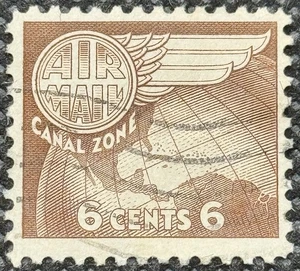 Kanalzone Briefmarke Scott # C22 gebraucht F-VF 6 Cent hellbraun Globus & Flügel Luftpost - Bild 1 von 2