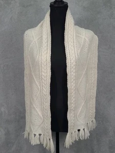 Blarney Woolen Mills Wool Fisherman Cable Knit Scarf Unisex Beige Tasseled 60X9 - Picture 1 of 11