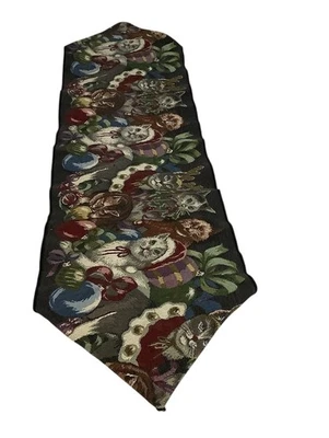 Christmas Cats Table Runner Woven Tapestry Santa Hat Reindeer Holly 50X12” - Image 1 of 4