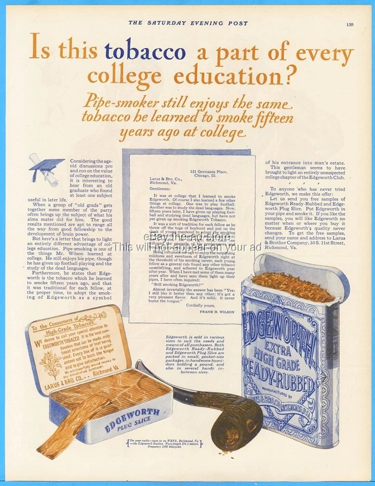 Anuncio impreso de tabaco Edgeworth Pipe 1928 Larus & Bro Richmond VA collage educación Foto 1 de 1