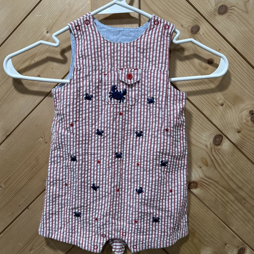 Mameluco Little Me Infant Crab Rojo Blanco Rayas Seersucker Sin Mangas Talla 12M Foto 1 de 4