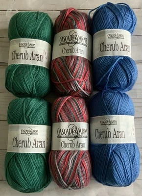 Лот из 6 каскадной пряжи Cherub Aran 3,5 унции #34 синий #54 зеленый #517 огонь и дым - Изображение 1 из 4