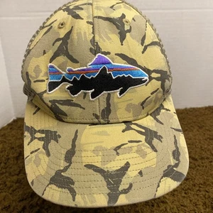 Patagonia Fitz Roy Trout Hat Camo Brown Hiking Fish Mountain Mesh Back RARE - Picture 1 of 9