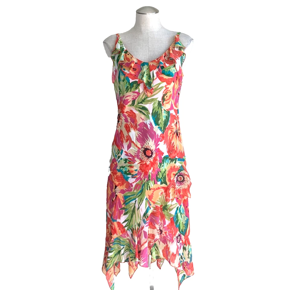 Vestido midi floral Bandolino Y2K tamanho 8P rosa babado caprichoso fada fluida - Imagem 1 de 4