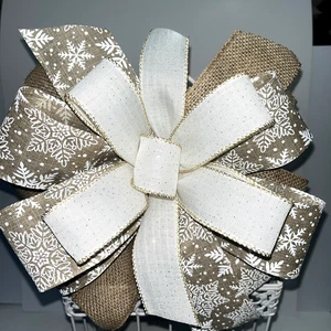 Farmhouse White Snowflake Print on Wired Edge Ribbon Round 11" Bow Handmade New - Picture 1 of 8