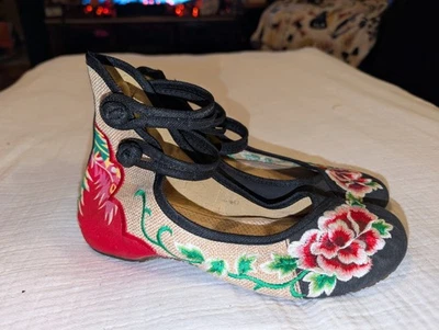 Винтажные вышитые китайские японские цветы кимоно гейша чай туфли на плоской подошве 38  - Изображение 1 из 4