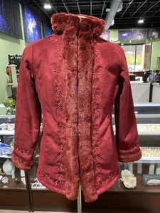 LL Bean Coat Women Med/Petite Red Penny Lane Faux Fur Suede Embroidered Lined - Picture 1 of 7