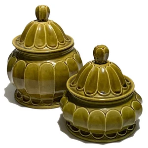 Set of 2 Avocado Mid Century Modern  Art Pottery Decorative Jars with Lids - Picture 1 of 4