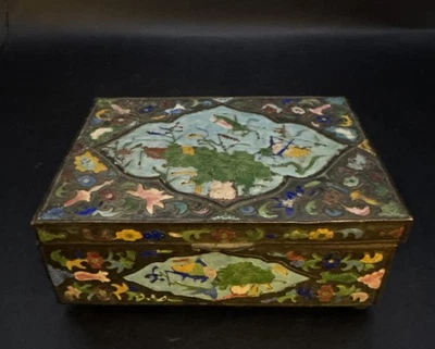 Antique Chinese Export Copper Enameled Wood Lined Box W Grasshoppers Motifs - Image 1 of 4