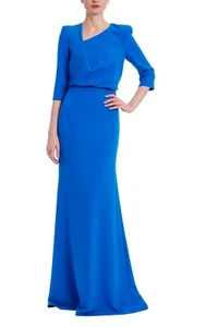 Badgley Mischka Draped Bodice Gown 3/4 Sleeve Blue Cobalt MOB sz 4 Modest $990 - Picture 1 of 3