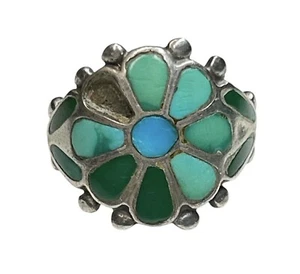 ZUNI Frank Vacit Sterling Turquoise Squash Blossom Inlay Ring Damage Sz 9 - Picture 1 of 5