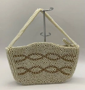 Vintage La Regale Japan Zip Clutch Beaded Purse Off-White Clean - Picture 1 of 10