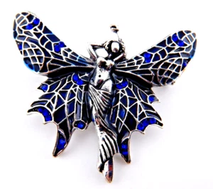ART NOUVEAU FAIRY BROOCH black silver blue enamel wings crystals pin/pendant 1C - Picture 1 of 4