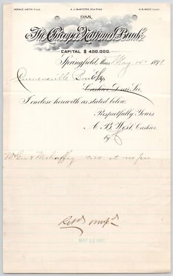 Cabezal de cartel The Chicopee National Ban Springfield MA 1891 Foto 1 de 2