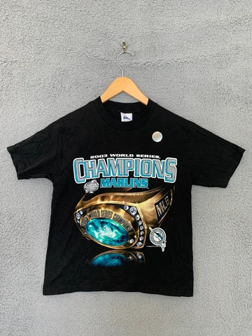 Vintage Florida Marlins Youth Shirt Medium Black Championship 2003 Ring Graphic Cover