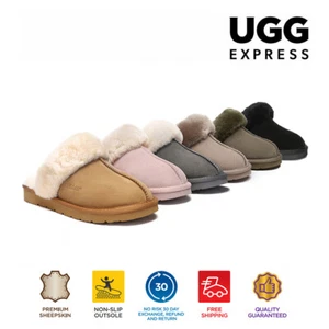 EVERAU® UGG Slippers Australian Sheepskin Wool Suede Upper Nonslip Scuff Muffin - Picture 1 of 68