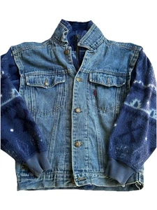 Vintage Bugle Boy Jeansjacke M Reißverschluss gefüttert Fleeceärmel Batik Grunge 90er - Bild 1 von 11
