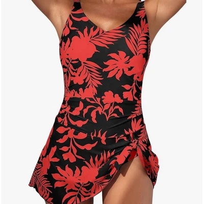 Vestido de baño Aidonger XL negro rojo floral de una pieza traje de baño con falda Foto 1 de 4