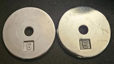 Pair of 5 Lb chrome Weight Plates Standard Size Barbell pro style Pancake 10lbs - Image 1 of 3