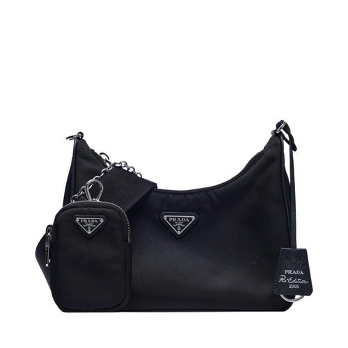 Borsa a tracolla donna Prada nylon nero riedizione 2005 multi tracolla catena hobo