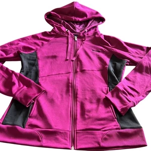 Reebok Size Large Raspberry & Black Athletic Jacket Hooded Side Insets Pockets - Picture 1 of 11