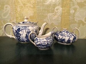 Vintage Royal Crown Derby Blue Mikado Tea Set W/ Teapot Creamer & Sugar Bowl - Picture 1 of 16
