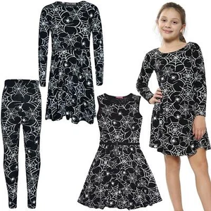 Girls Halloween Dresses Spider Web Skater Swing Dress Fancy Costume Legging - Picture 1 of 15