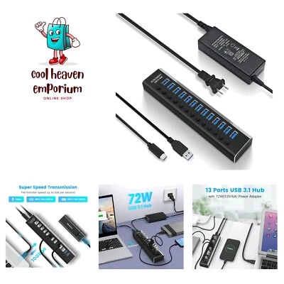 Powered USB Hub Aluminum 13 Port USB 3.1/3.2 Gen 2 Hub 10Gbps with 72W 12V/6A... - Image 1 of 4