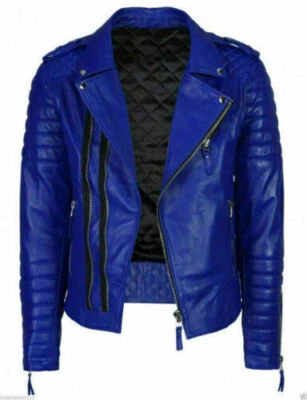 Men's Leather Jacket Royal Blue Genuine Lambskin Leather Biker Jacket Motorcycle - Image 1 of 4