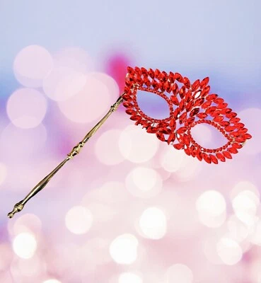 Gold masquerade mask, Ruby Red Crystal Mask, Masquerade Wedding mask, Stick Mask - Image 1 of 4