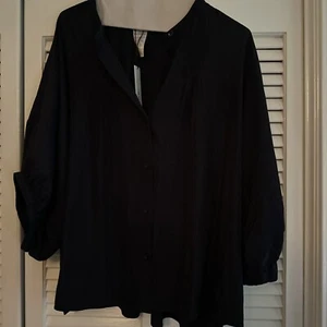 Chico’s Pintuck Dolman Sleeve Shirt Size 2.5 US 14 Cap Sleeve Neck Button Navy - Picture 1 of 3