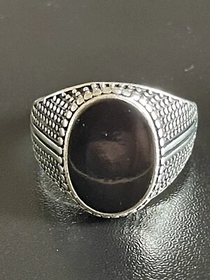 Овальный черный обсидиан драгоценный камень S925 серебро покрытием мужчин женщин кольцо размер 10 - Изображение 1 из 4