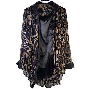 Chicos Black Label Blouse Button Front Animal Print Black Brown Asymmetric Hem - Picture 1 of 10