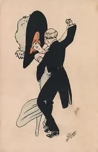 RARE French Signed Plum ANTIQUE Avant-Garde Risque Couple POSTCARD Cat in Hat! - Picture 1 of 2