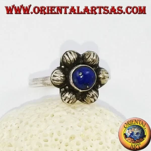 Anello in Argento 925‰ fiorellino da 6 petali con lapislazzulo tondo a cabochon - Foto 1 di 2