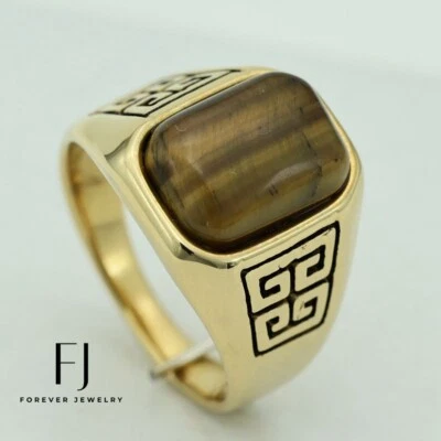 Anillo para hombre de acero inoxidable plateado chapado en oro, marrón, ojo de tigre negro, caja #7-11 Foto 1 de 4