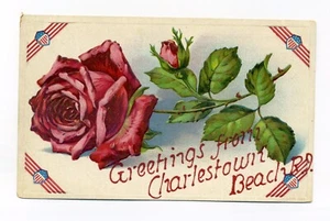 Saludos desde Charlestown Beach RI, frontera patriótica, rosa, postal en relieve - Imagen 1 de 2