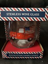 Stemless Wine Glass W/Rhinestone Embellished Red Pickup, American Flag.  NIB