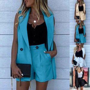 2PCS Women Blazer Suit Sleeveless Jacket Coat Shorts Hot Pants Ladies Co-ord Set - Picture 1 of 18