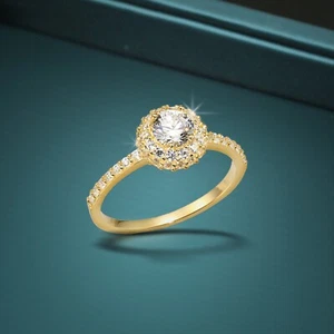 Anillo de Compromiso Brillante Oro Amarillo Sólido Triple Halo Cúpula de 14K - Imagen 1 de 11