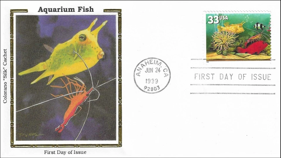Shrimp Red Fish Tropical Aquarium Fishes USA 3317 Gold Colorano Silk FDC 1999 - Image 1 of 1