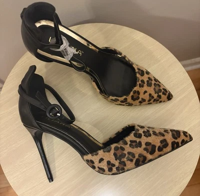 Leopard print pointed toe stilettos Size 10 Chic faux fur and Black Strap Heels - Image 1 of 4