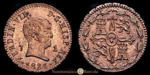 Fernando VII (1808-1833). 1 maravedí. 1824. Jubia. (Cal-124). Ae. 0,91 gramos.  - Foto 1 di 3