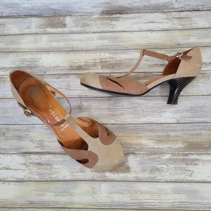 Jeffrey Campbell Vintage T-Strap Leather Pumps Heels Women's 8.5 Brown & Tan - Picture 1 of 12