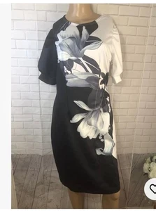 WOMENS NEXT SIZE M BLACK FLORAL SHORT SLEEVE SHIFT DRESS SHORT KNEE LENGTH NWOT - Picture 1 of 8